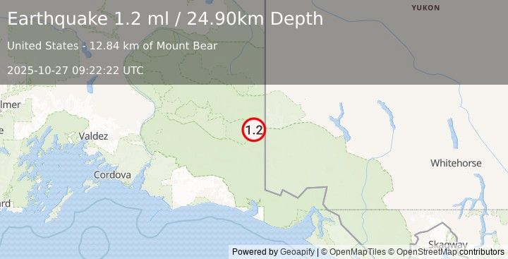 Earthquake 87 km ESE of McCarthy, Alaska (1.2 ml) (2025-10-27 09:22:22 UTC)