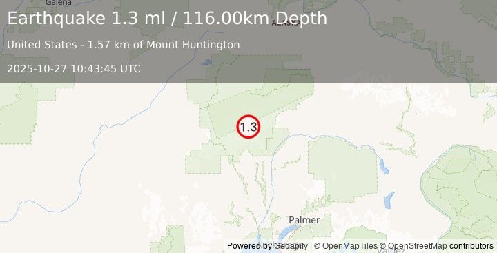 Earthquake 54 km N of Petersville, Alaska (1.3 ml) (2025-10-27 10:43:45 UTC)