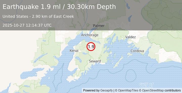Earthquake 22 km SSW of Hope, Alaska (1.9 ml) (2025-10-27 12:14:37 UTC)