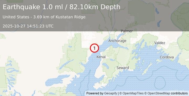 Earthquake 37 km NW of Nikiski, Alaska (1.0 ml) (2025-10-27 14:51:23 UTC)