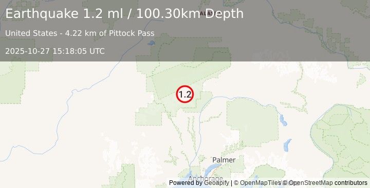 Earthquake 46 km N of Petersville, Alaska (1.2 ml) (2025-10-27 15:18:05 UTC)