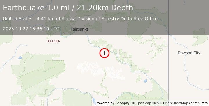 Earthquake 4 km WNW of Delta Junction, Alaska (1.0 ml) (2025-10-27 15:36:10 UTC)