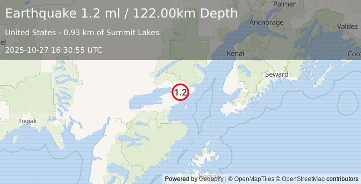 Earthquake 26 km ESE of Pedro Bay, Alaska (1.2 ml) (2025-10-27 16:30:55 UTC)