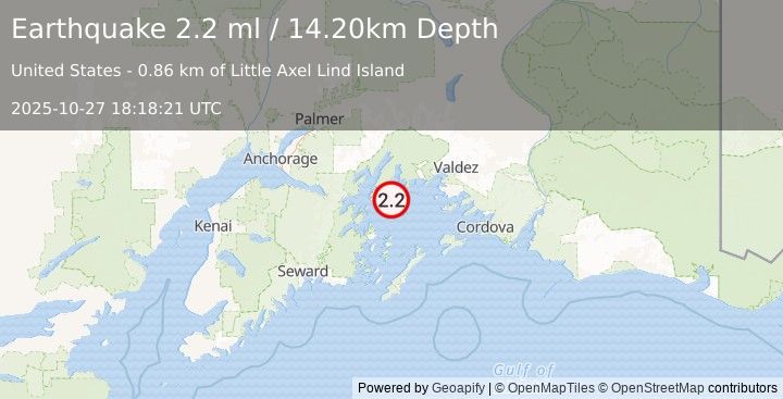 Earthquake 53 km W of Tatitlek, Alaska (2.2 ml) (2025-10-27 18:18:21 UTC)