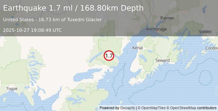 Earthquake 54 km E of Port Alsworth, Alaska (1.7 ml) (2025-10-27 19:08:49 UTC)