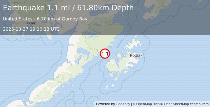 Earthquake 37 km NNW of Karluk, Alaska (1.1 ml) (2025-10-27 19:10:13 UTC)