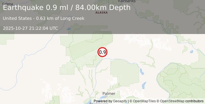 Earthquake 46 km SW of Cantwell, Alaska (0.9 ml) (2025-10-27 21:22:04 UTC)