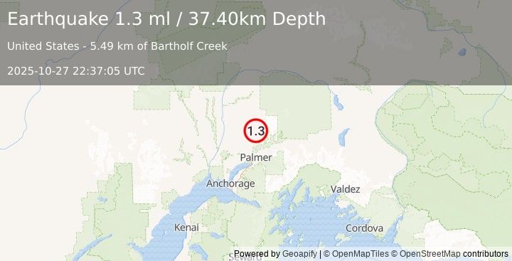 Earthquake 28 km NNE of Fishhook, Alaska (1.3 ml) (2025-10-27 22:37:05 UTC)