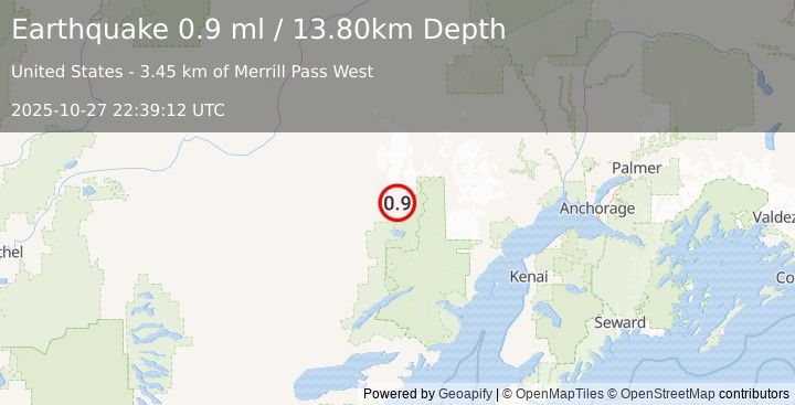 Earthquake 84 km E of Lime Village, Alaska (0.9 ml) (2025-10-27 22:39:12 UTC)
