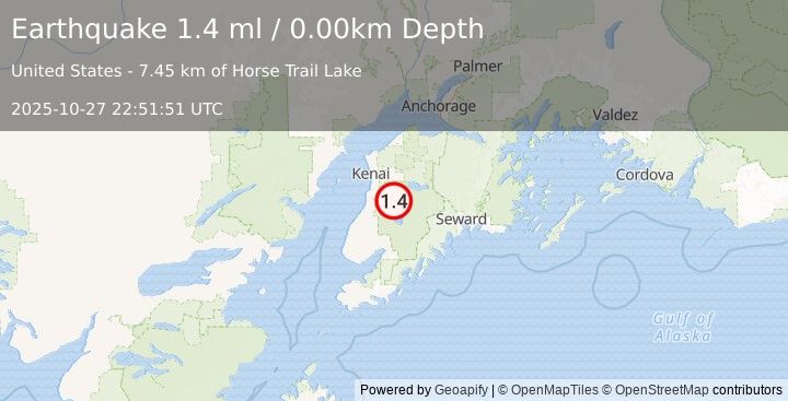 Earthquake 24 km S of Funny River, Alaska (1.4 ml) (2025-10-27 22:51:51 UTC)