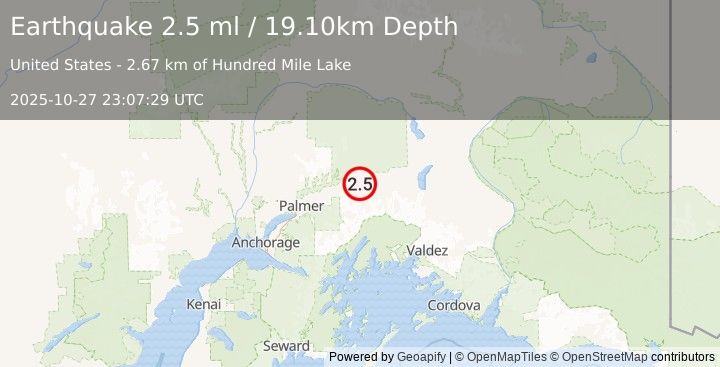 Earthquake 9 km WNW of Glacier View, Alaska (2.5 ml) (2025-10-27 23:07:29 UTC)