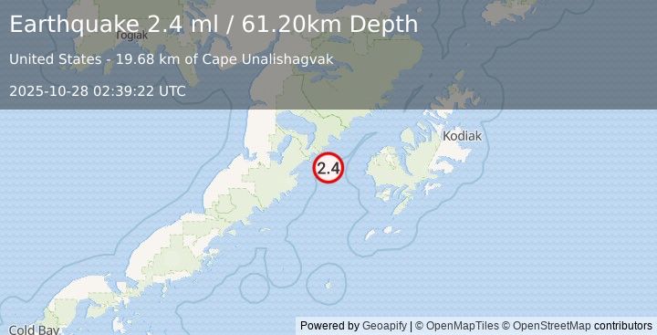 Earthquake 73 km WSW of Karluk, Alaska (2.4 ml) (2025-10-28 02:39:22 UTC)