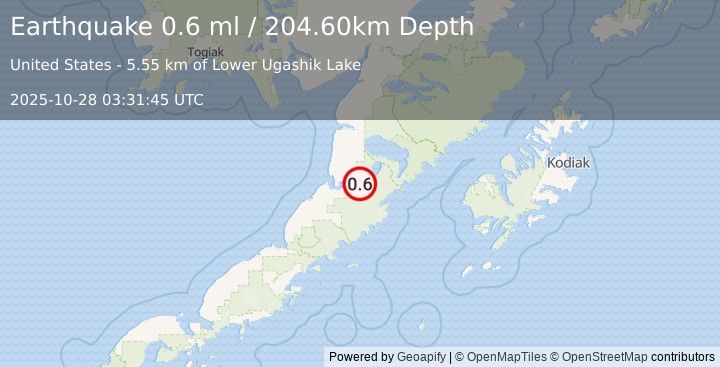 Earthquake 25 km E of Ugashik, Alaska (0.6 ml) (2025-10-28 03:31:45 UTC)