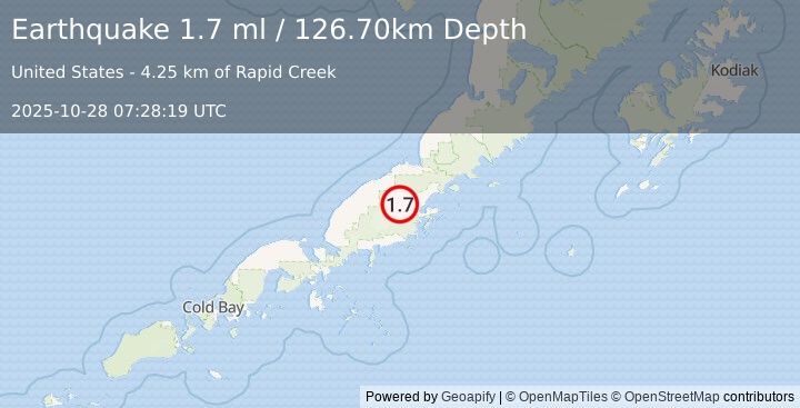 Earthquake 19 km WNW of Chignik Lake, Alaska (1.7 ml) (2025-10-28 07:28:19 UTC)