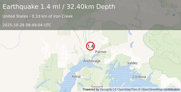 Earthquake 10 km N of Willow, Alaska (1.4 ml) (2025-10-28 08:49:04 UTC)