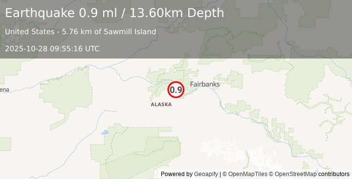 Earthquake 15 km NNE of Four Mile Road, Alaska (0.9 ml) (2025-10-28 09:55:16 UTC)