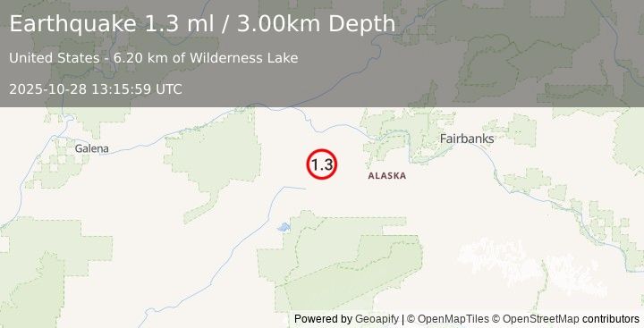 Earthquake 57 km SSW of Manley Hot Springs, Alaska (1.3 ml) (2025-10-28 13:15:59 UTC)