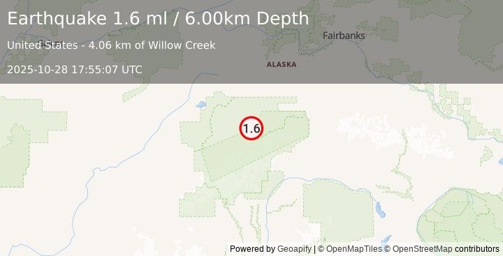 Earthquake 54 km E of Denali National Park, Alaska (1.6 ml) (2025-10-28 17:55:07 UTC)