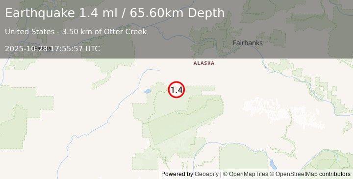 Earthquake 58 km NE of Denali National Park, Alaska (1.4 ml) (2025-10-28 17:55:57 UTC)