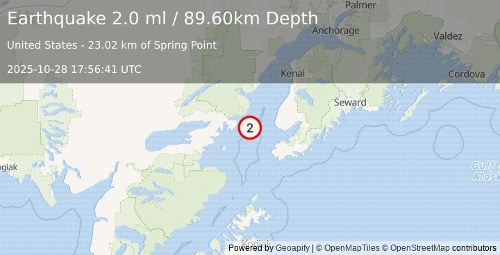 Earthquake 44 km WSW of Anchor Point, Alaska (2.0 ml) (2025-10-28 17:56:41 UTC)