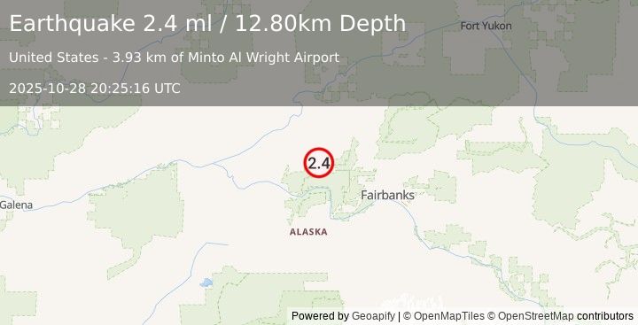 Earthquake 4 km NW of Minto, Alaska (2.4 ml) (2025-10-28 20:25:16 UTC)