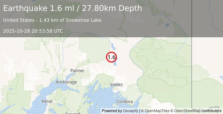 Earthquake 7 km NNE of Nelchina, Alaska (1.6 ml) (2025-10-28 20:53:58 UTC)