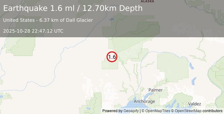 Earthquake 75 km WNW of Petersville, Alaska (1.6 ml) (2025-10-28 22:47:12 UTC)