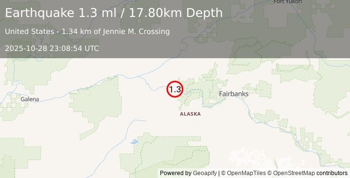 Earthquake 15 km SE of Manley Hot Springs, Alaska (1.3 ml) (2025-10-28 23:08:54 UTC)