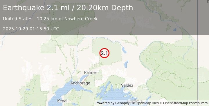 Earthquake 58 km NNW of Glacier View, Alaska (2.1 ml) (2025-10-29 01:15:50 UTC)