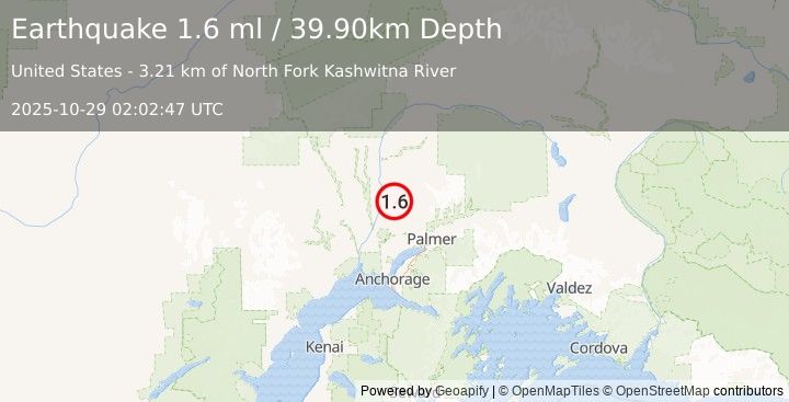 Earthquake 22 km S of Susitna North, Alaska (1.6 ml) (2025-10-29 02:02:47 UTC)