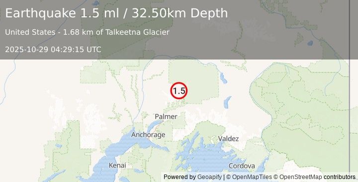 Earthquake 37 km N of Chickaloon, Alaska (1.5 ml) (2025-10-29 04:29:15 UTC)