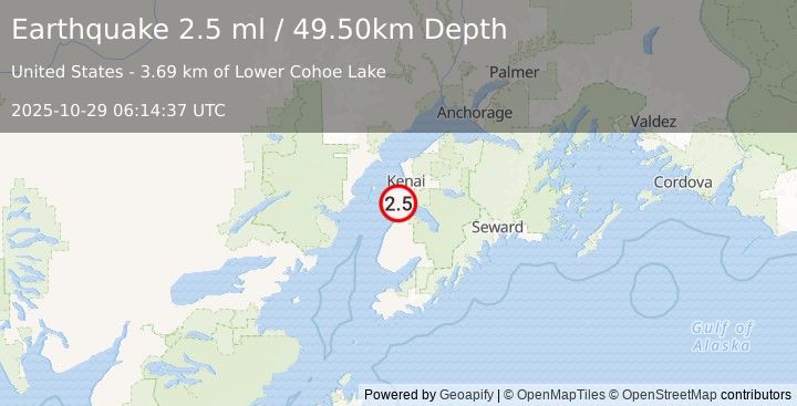 Earthquake 6 km SW of Cohoe, Alaska (2.5 ml) (2025-10-29 06:14:37 UTC)