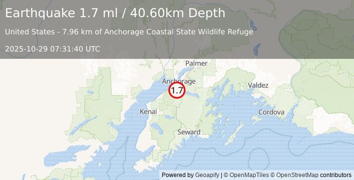 Earthquake 21 km WNW of Hope, Alaska (1.7 ml) (2025-10-29 07:31:40 UTC)