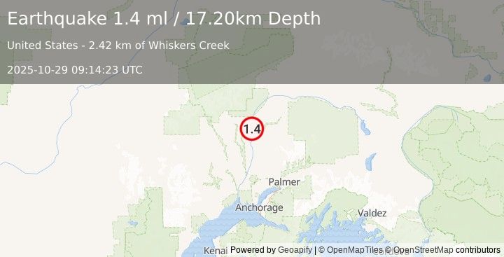 Earthquake 6 km N of Talkeetna, Alaska (1.4 ml) (2025-10-29 09:14:23 UTC)