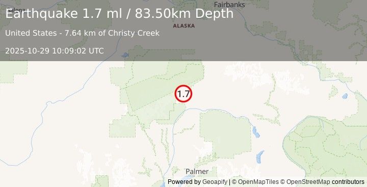 Earthquake 45 km SW of Cantwell, Alaska (1.7 ml) (2025-10-29 10:09:02 UTC)