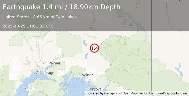 Earthquake 14 km NW of Glennallen, Alaska (1.4 ml) (2025-10-29 11:01:02 UTC)