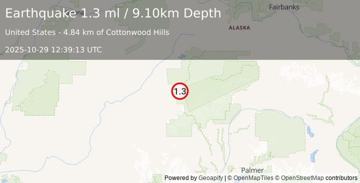Earthquake 47 km SW of Denali National Park, Alaska (1.3 ml) (2025-10-29 12:39:13 UTC)