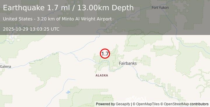 Earthquake 4 km W of Minto, Alaska (1.7 ml) (2025-10-29 13:03:25 UTC)