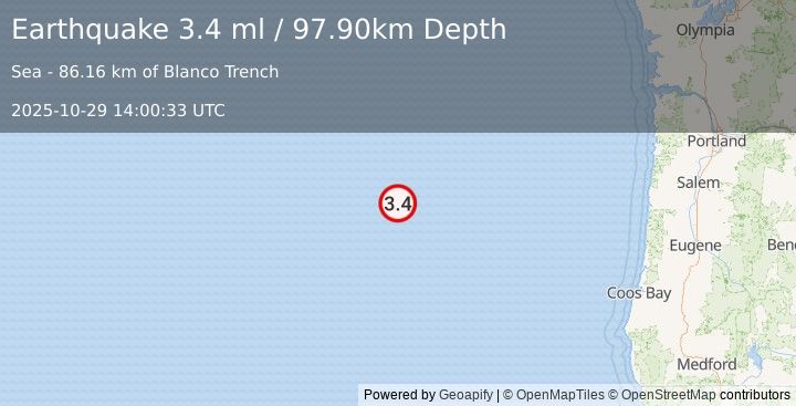 Earthquake off the coast of Oregon (3.4 ml) (2025-10-29 14:00:33 UTC)