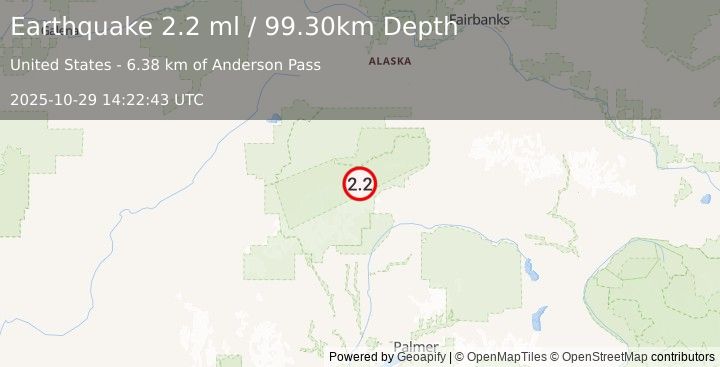Earthquake 69 km WSW of Cantwell, Alaska (2.2 ml) (2025-10-29 14:22:42 UTC)