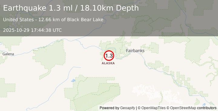 Earthquake 25 km WNW of Four Mile Road, Alaska (1.3 ml) (2025-10-29 17:44:38 UTC)