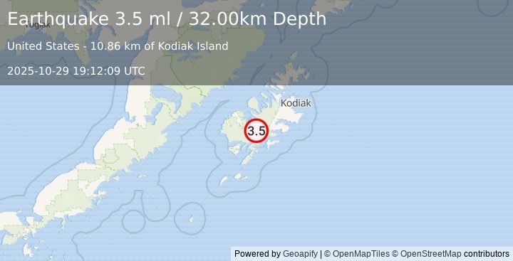 Earthquake 23 km NW of Old Harbor, Alaska (3.5 ml) (2025-10-29 19:12:09 UTC)