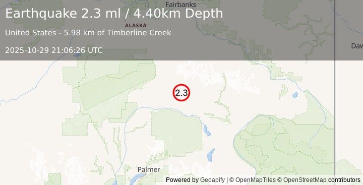 Earthquake 69 km ESE of Cantwell, Alaska (2.3 ml) (2025-10-29 21:06:26 UTC)