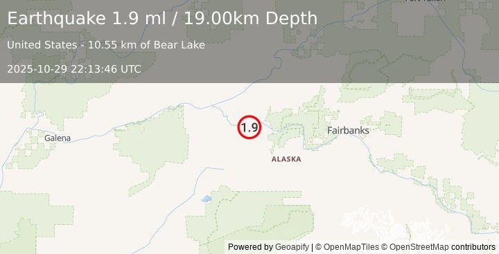 Earthquake 16 km SW of Manley Hot Springs, Alaska (1.9 ml) (2025-10-29 22:13:46 UTC)