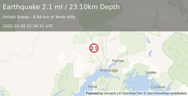 Earthquake 18 km NE of Skwentna, Alaska (2.1 ml) (2025-10-29 22:39:31 UTC)