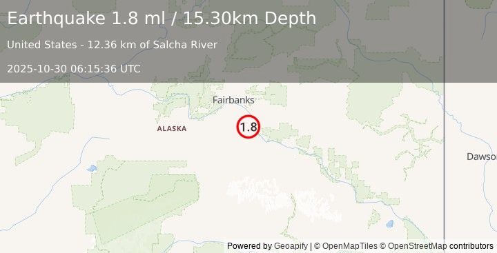 Earthquake 17 km WSW of Salcha, Alaska (1.8 ml) (2025-10-30 06:15:36 UTC)