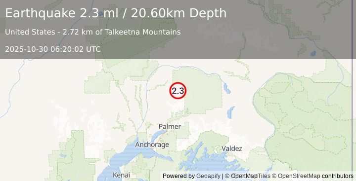 Earthquake 63 km N of Chickaloon, Alaska (2.1 ml) (2025-10-30 06:20:01 UTC)