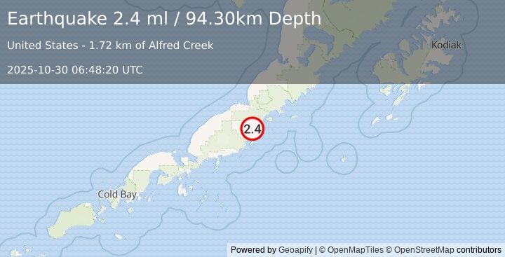 Earthquake 6 km NNE of Chignik Lagoon, Alaska (2.4 ml) (2025-10-30 06:48:20 UTC)