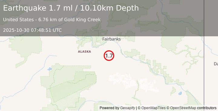 Earthquake 53 km WSW of Salcha, Alaska (1.7 ml) (2025-10-30 07:48:51 UTC)