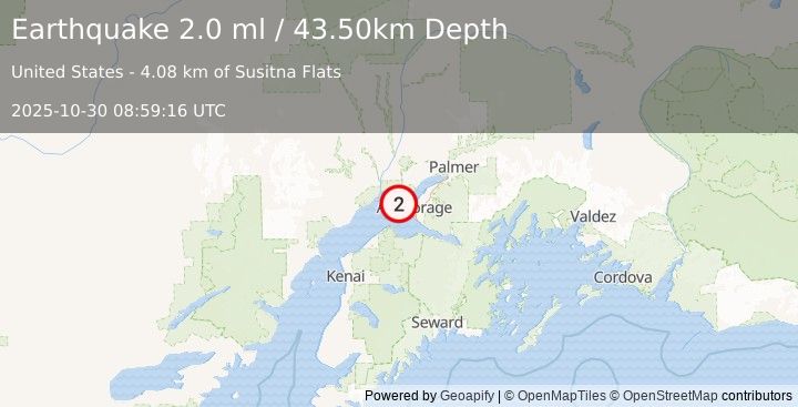 Earthquake 16 km WNW of Anchorage, Alaska (2.0 ml) (2025-10-30 08:59:16 UTC)